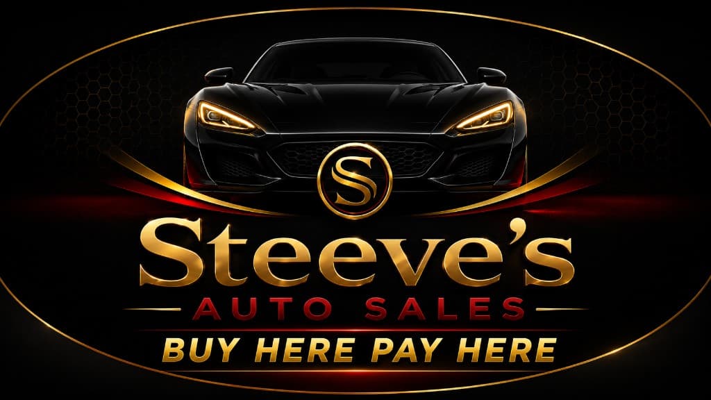 Steeve's Auto Sales website hero — gold logo, sports car, Buy Here Pay Here